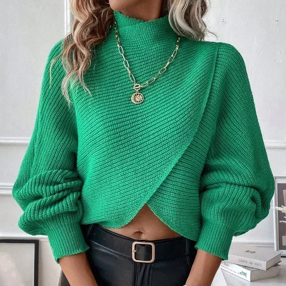 Green Preppy Womens Mock Neck Wrap Hem Batwing Sleeve Crop Sweater - Picture 2 of 6